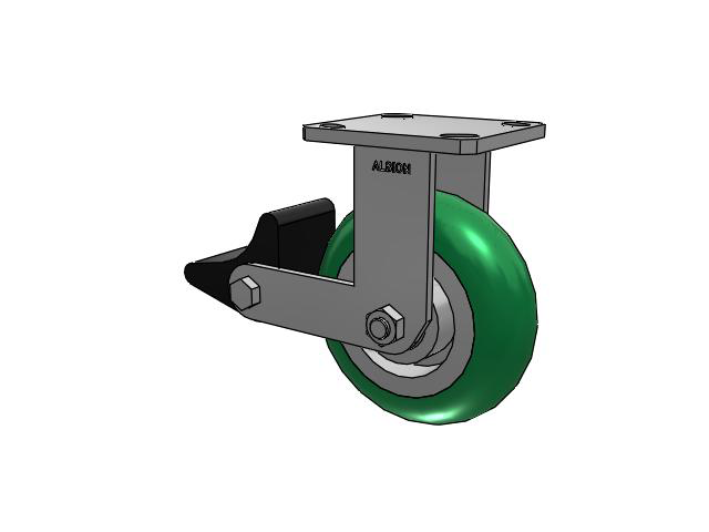110 Series Kingpinless Top Plate Rigid Caster with 6 x 2 Green Tread on Aluminum Core PM - Round Polyurethane (Aluminum Core) Wheel and Poly Lock Integrated Brake