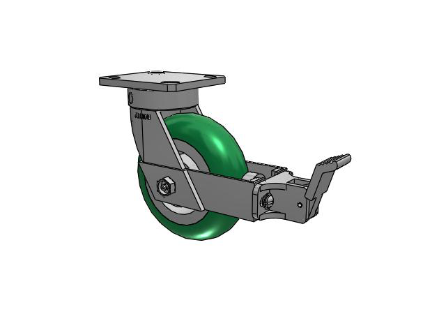 110 Series Kingpinless Top Plate Swivel Caster with 6 x 2 Green Tread on Aluminum Core PM - Round Polyurethane (Aluminum Core) Wheel and Face Brake