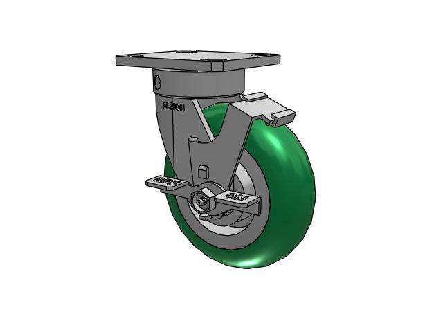110 Series Kingpinless Top Plate Swivel Caster with 6 x 2 Green Tread on Aluminum Core PM - Round Polyurethane (Aluminum Core) Wheel and Face Brake