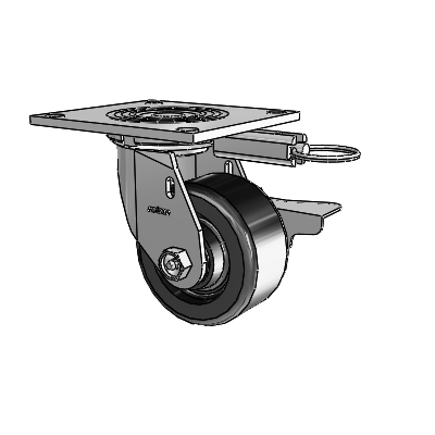 Roulette pivotante de la série 4 avec plaque supérieure de 2 pouces de large, équipée d'une roue en phénolique 4 x 2 et d'un frein à blocage latéral