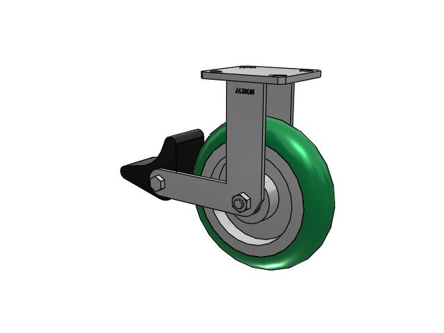 110 Series Kingpinless Top Plate Rigid Caster with 8 x 2 Green Tread on Aluminum Core PM - Round Polyurethane (Aluminum Core) Wheel and Poly Lock Integrated Brake