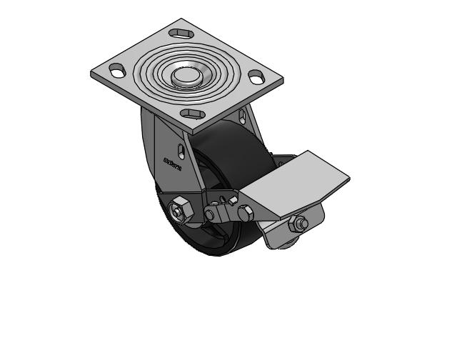 Roulette pivotante de la série 4 avec plaque supérieure de 2 pouces de large, équipée d'une roue en polyoléfine 4 x 2 et d'un frein à blocage de la bande de roulement