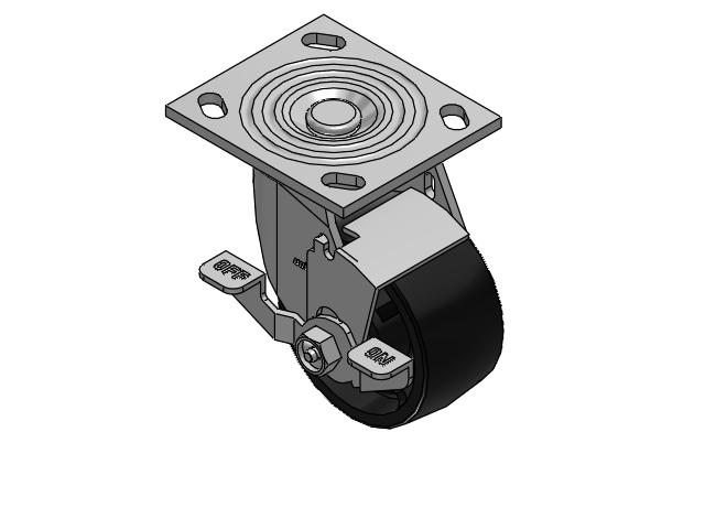 Roulette pivotante de la série 4, à plaque supérieure de 2 pouces de large, équipée d'une roue en polyoléfine de 4 x 2 et d'un frein de blocage supérieur