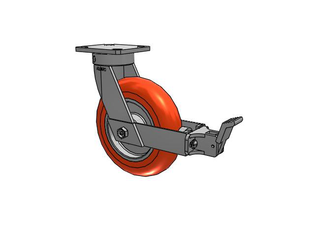 110 Series Kingpinless Top Plate Swivel Caster with 8 x 2 Orange Tread on Aluminum Core UA - Magnum Polyurethane (Aluminum Core) Wheel and Face Brake