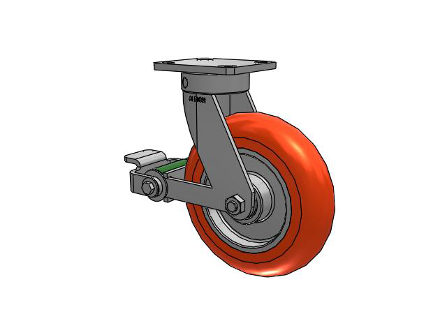 110 Series Kingpinless Top Plate Swivel Caster with 8 x 2 Orange Tread on Aluminum Core UA - Magnum Polyurethane (Aluminum Core) Wheel and Poly Cam Brake