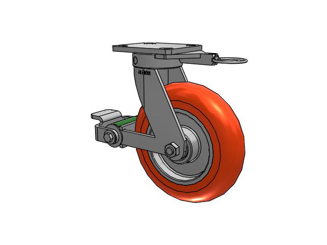110 Series Kingpinless Top Plate Swivel Caster with 8 x 2 Orange Tread on Aluminum Core UA - Magnum Polyurethane (Aluminum Core) Wheel and Poly Cam Brake