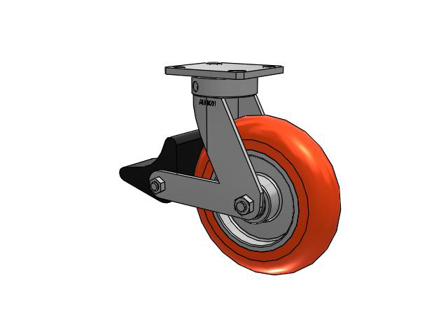 110 Series Kingpinless Top Plate Swivel Caster with 8 x 2 Orange Tread on Aluminum Core UA - Magnum Polyurethane (Aluminum Core) Wheel and Poly Lock Integrated Brake
