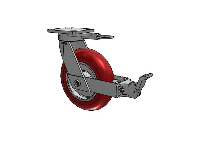110 Series Kingpinless Top Plate Swivel Caster with 8 x 2 Red Tread on Aluminum Core UA - Magnum Polyurethane (Aluminum Core) Wheel and Face Brake