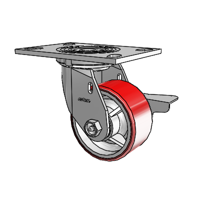 4 Series 2 Inch Wide Top Plate Swivel Caster Caster with 4 x 2 Moldon Polyurethane (Cast Iron Core) Wheel and Side Lock Brake