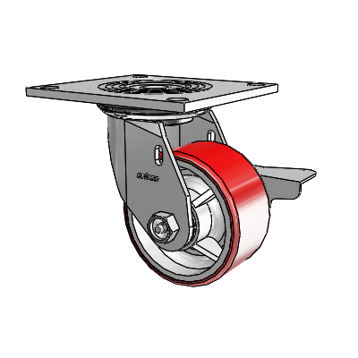 4 Series 2 Inch Wide Top Plate Swivel Caster Caster with 4 x 2 Moldon Polyurethane (Cast Iron Core) Wheel and Side Lock Brake