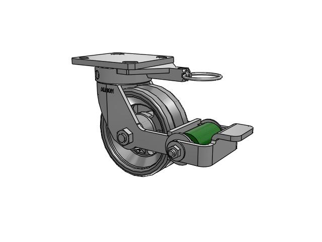 110 Series Kingpinless Top Plate Swivel Caster with 5 x 2 Silver Enamel Paint VG - Cast Iron V-Groove Wheel and Poly Cam Brake
