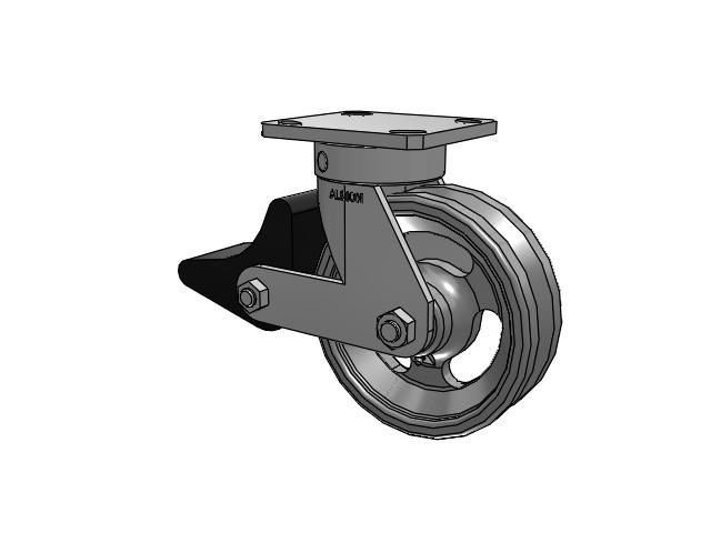 110 Series Kingpinless Top Plate Swivel Caster with 6 x 2 Silver Enamel Paint VG - Cast Iron V-Groove Wheel and Poly Lock Integrated Brake