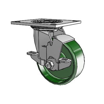 Roulette pivotante série 4 avec plaque supérieure de 2 pouces de large, équipée d'une roue en fonte de 5 x 2 et d'un frein de blocage supérieur
