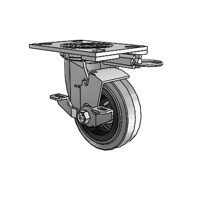 4 roulettes de la série 1 de 1 1/2", à plaque supérieure pivotante en zinc, avec roue en caoutchouc Performa de 5 x 1,5 (plate/conductrice) et frein de blocage sur la plaque supérieure