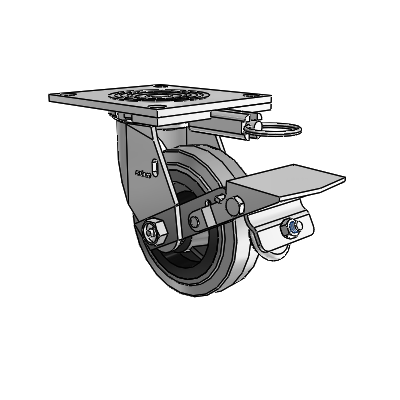 4 roulettes de la série 1 de 1 1/2", à plaque supérieure pivotante en zinc, avec roue en caoutchouc Performa de 5 x 1,5 (plate/conductrice) et frein à blocage de la bande de roulement