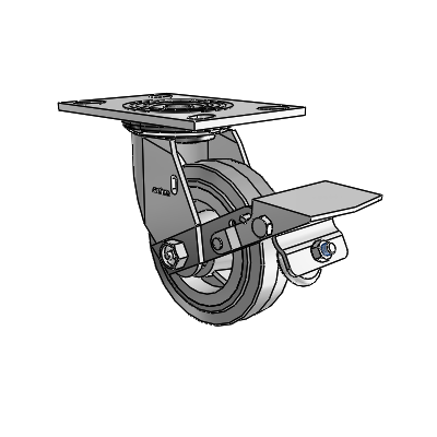 4 roulettes de la série 1 de 1 1/2", à plaque supérieure pivotante en zinc, avec roue en caoutchouc Performa de 5 x 1,5 (plate/grise) et frein à blocage de la bande de roulement
