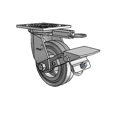 4 roulettes de la série 1 de 1 1/2", à plaque supérieure pivotante en zinc, avec roue en caoutchouc Performa de 5 x 1,5 (plate/grise) et frein à blocage de la bande de roulement