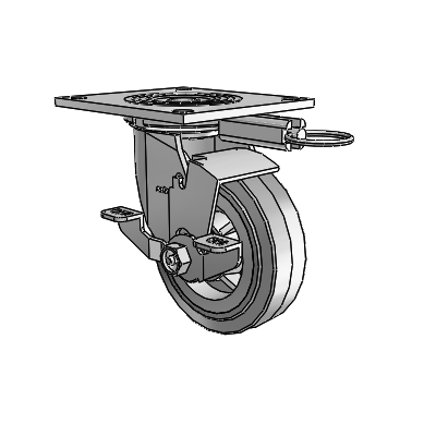 4 roulettes de la série 1 de 1 1/2", à plaque supérieure pivotante en zinc, avec roue en caoutchouc Performa de 5 x 1,5 (plate/grise) et frein de blocage sur la plaque supérieure