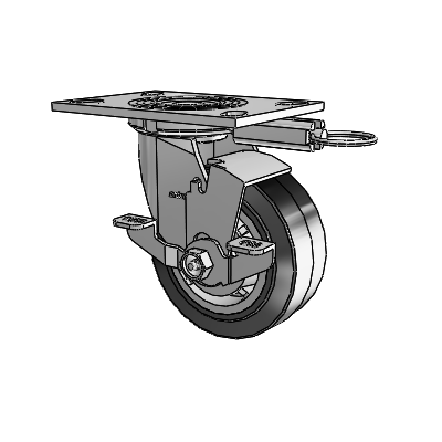 Roulette pivotante série 4 avec plaque supérieure de 2 pouces de large, équipée d'une roue en caoutchouc Performa 5 x 2 (plate/noire) et d'un frein de blocage supérieur