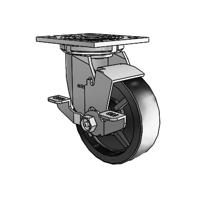 4 roulettes de la série 1 de 1 1/2", à plaque supérieure pivotante en zinc, avec roue en polyoléfine de 5 x 1,5 et frein de blocage supérieur