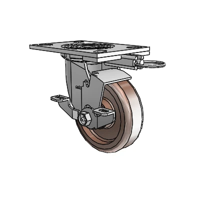 4 roulettes de la série 1 de 1 1/2", à plaque supérieure pivotante en zinc, avec roue thermoplastique de 5 x 1,5 et frein de blocage supérieur