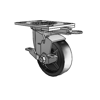 4 roulettes de la série 1 de 1 1/2", à plaque supérieure pivotante en zinc, avec roue en polyoléfine de 5 x 1,5 et frein de blocage supérieur