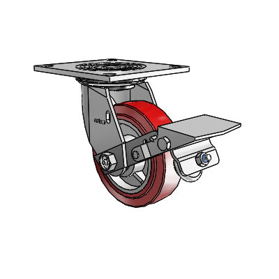 4 roulettes de la série 1 de 1 1/2", à plaque supérieure pivotante en zinc, avec roue HI-TECH en polyuréthane de 5 x 1,5 et frein à blocage de la bande de roulement