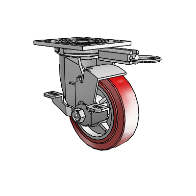 4 roulettes de la série 1 de 1 1/2", à plaque supérieure pivotante en zinc, équipées d'une roue HI-TECH en polyuréthane de 5 x 1,5 et d'un frein de blocage supérieur