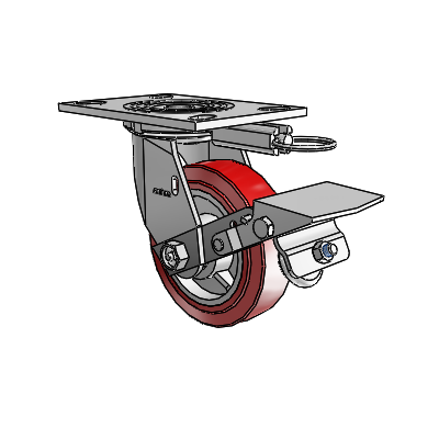 4 roulettes de la série 1 de 1 1/2", à plaque supérieure pivotante en zinc, avec roue HI-TECH en polyuréthane de 5 x 1,5 et frein à blocage de la bande de roulement