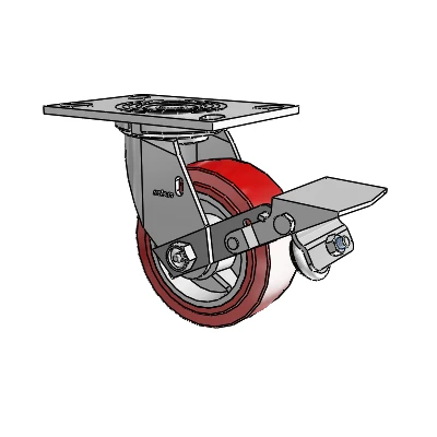 Roulette pivotante de la série 4 avec plaque supérieure de 2 pouces de large, équipée d'une roue en polyuréthane HI-TECH de 5 x 2 et d'un frein à blocage de la bande de roulement