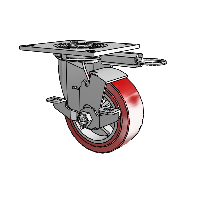 Roulette pivotante série 4 avec plaque supérieure de 2 pouces de large, équipée d'une roue en polyuréthane HI-TECH de 5 x 2 et d'un frein de blocage supérieur