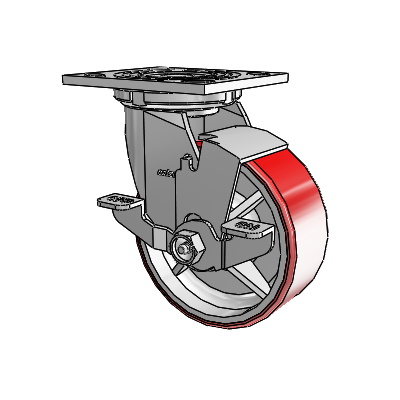 4 Series 2 Inch Wide Top Plate Swivel Caster Caster with 5 x 2 Moldon Polyurethane (Cast Iron Core) Wheel and Top Lock Brake
