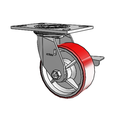 4 Series 2 Inch Wide Top Plate Swivel Caster Caster with 5 x 2 Moldon Polyurethane (Cast Iron Core) Wheel and Side Lock Brake