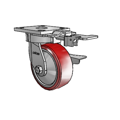 Roulettes sans pivot de la série 4 : roulette pivotante à plaque supérieure équipée d'une roue en polyuréthane Moldon 5 x 2 (noyau en aluminium) et d'un frein à blocage latéral