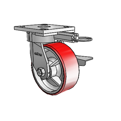 Roulettes sans pivot de la série 4 : roulette pivotante à plaque supérieure équipée d'une roue en polyuréthane Moldon 5 x 2 (noyau en fonte) et d'un frein à blocage latéral