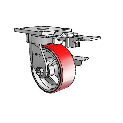 4 Series Kingpinless Casters Top Plate Swivel Caster with 5 x 2 Moldon Polyurethane (Cast Iron Core) wheel and Side Lock Brake