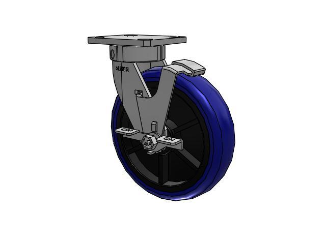 120 Series Top Plate Swivel Caster with 8 x 2 Blue Tread on Grey Polypropylene Core EG - Eagle Polyurethane (Polypropylene Core) Wheel and Stainless Steel Face Brake