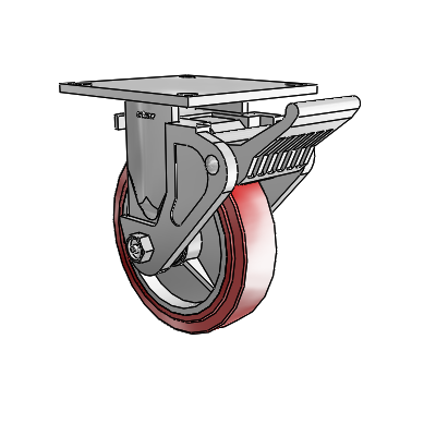 4 roulettes de la série 1 de 1 1/2", plaque supérieure rigide en zinc, avec roue HI-TECH en polyuréthane de 6 x 1,5 et frein Tech Lock