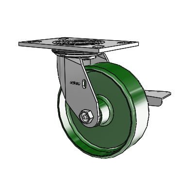 4-serie zwenkwiel met een bovenplaat van 2 inch breed, voorzien van een 6 x 2 gietijzeren wiel en een zijdelingse rem
