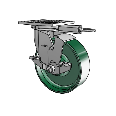 Roulette pivotante de la série 4, à plaque supérieure de 2 pouces de large, équipée d'une roue en acier forgé de 6 x 2 et d'un frein de blocage supérieur