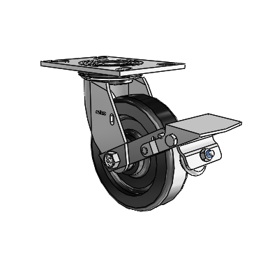 4 roulettes de la série 1 de 1 1/2", à plaque supérieure pivotante en zinc, avec roue en phénolique de 6 x 1,5 et frein à blocage de la bande de roulement