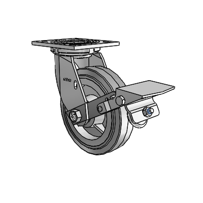 4 roulettes de la série 1 de 1 1/2", à plaque supérieure pivotante en zinc, avec roue en caoutchouc Performa de 6 x 1,5 (plate/grise) et frein à blocage de la bande de roulement