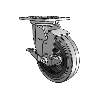 4 roulettes de la série 1 de 1 1/2", à plaque supérieure pivotante en zinc, avec roue en caoutchouc Performa de 6 x 1,5 (plate/conductrice) et frein de blocage sur la plaque supérieure