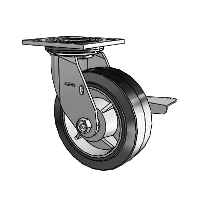 Roulette pivotante de la série 4 avec plaque supérieure de 2 pouces de large, équipée d'une roue en caoutchouc Performa 6 x 2 (plate/noire) et d'un frein à blocage latéral