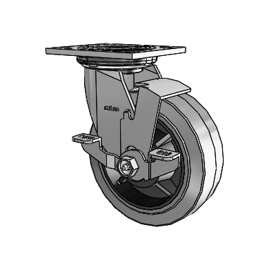Roulette pivotante de la série 4 avec plaque supérieure de 2 pouces de large, équipée d'une roue en caoutchouc Performa 6 x 2 (plate/conductrice) et d'un frein de blocage supérieur