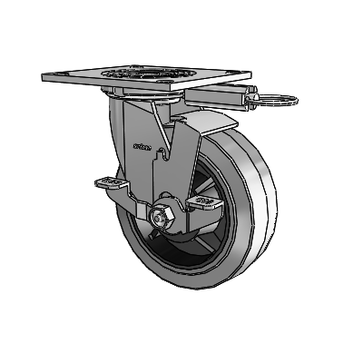 Roulette pivotante de la série 4, à plaque supérieure de 2 pouces de large, équipée d'une roue en caoutchouc Performa 6 x 2 (plate/conductrice) et d'un frein de blocage supérieur
