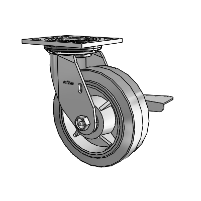 Roulette pivotante de la série 4 avec plaque supérieure de 2 pouces de large, équipée d'une roue en caoutchouc Performa 6 x 2 (plate/grise) et d'un frein à blocage latéral