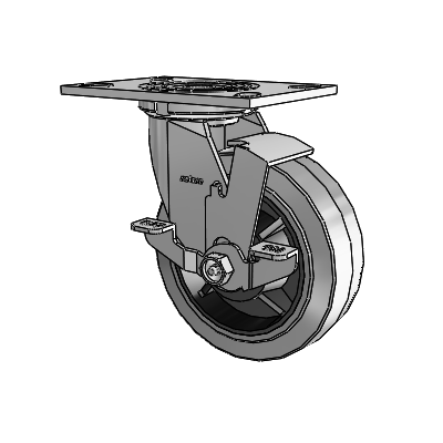 Roulette pivotante de la série 4 avec plaque supérieure de 2 pouces de large, équipée d'une roue en caoutchouc Performa 6 x 2 (plate/conductrice) et d'un frein de blocage supérieur