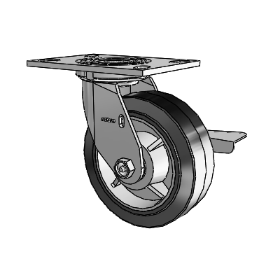 Roulette pivotante de la série 4 avec plaque supérieure de 2 pouces de large, équipée d'une roue en caoutchouc Performa 6 x 2 (plate/noire) et d'un frein à blocage latéral