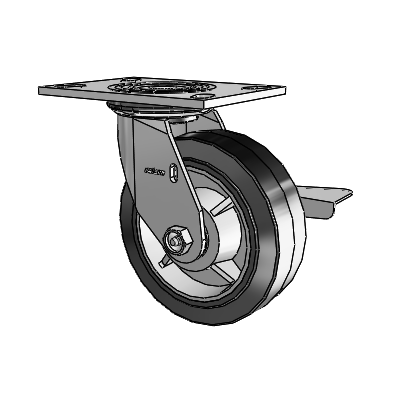 Roulette pivotante de la série 4 avec plaque supérieure de 2 pouces de large, équipée d'une roue en caoutchouc Performa 6 x 2 (plate/noire) et d'un frein à blocage latéral